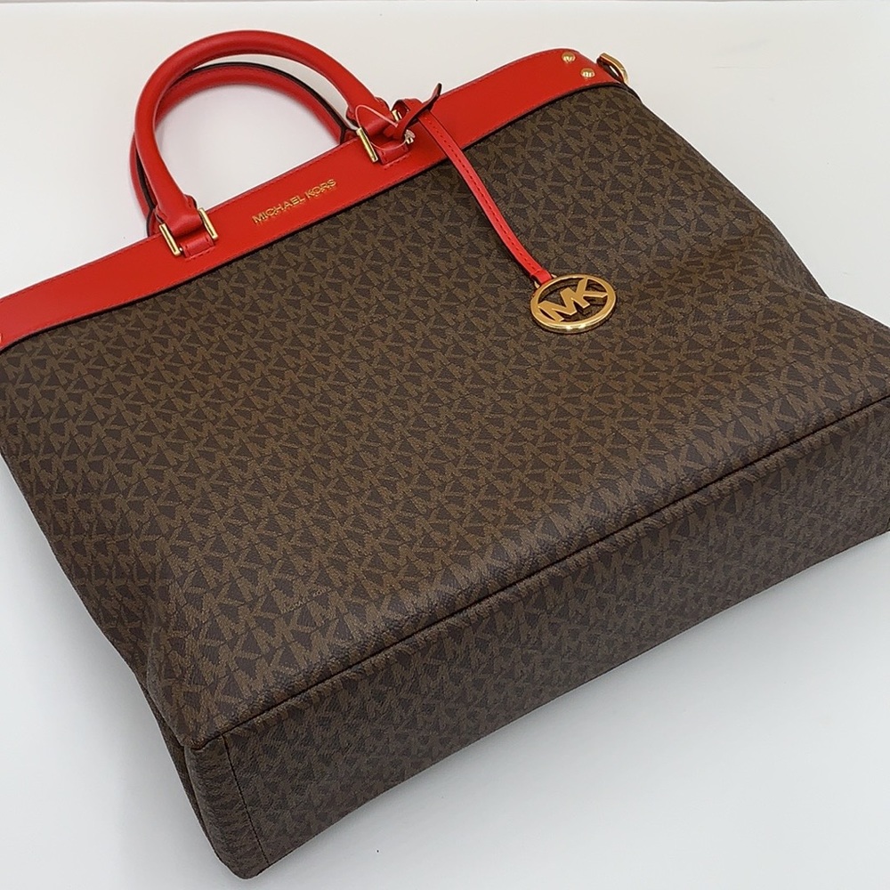 Michael Kors Jet Set Travel Large North South Tote Bag Brown MK Logo Fla… - Picture 10 of 16
